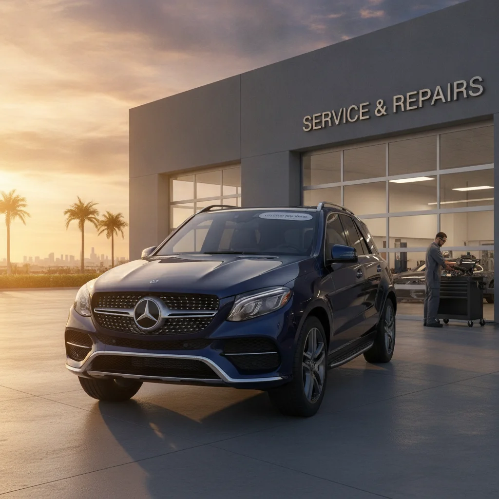 Certified pre-owned SUV outside a dealership service center ready for warranty repair