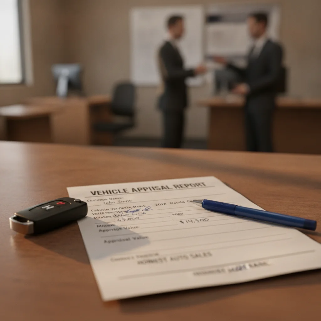 Dealership trade-in appraisal form on a desk next to car keys and a pen