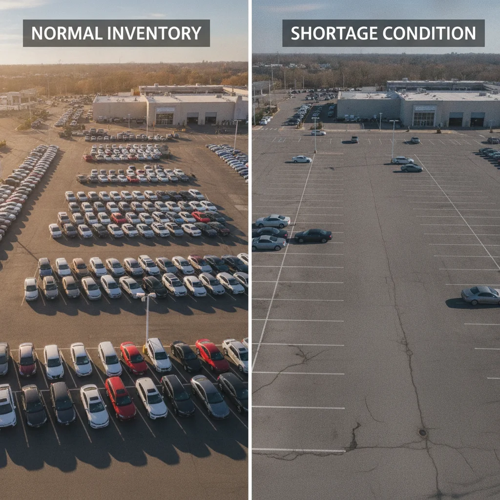 Side-by-side comparison of a full used-car lot versus a nearly empty dealer lot showing inventory shortage