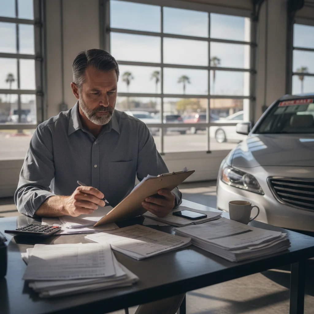 Used car manager reviewing a trade-in checklist at a dealership appraisal desk