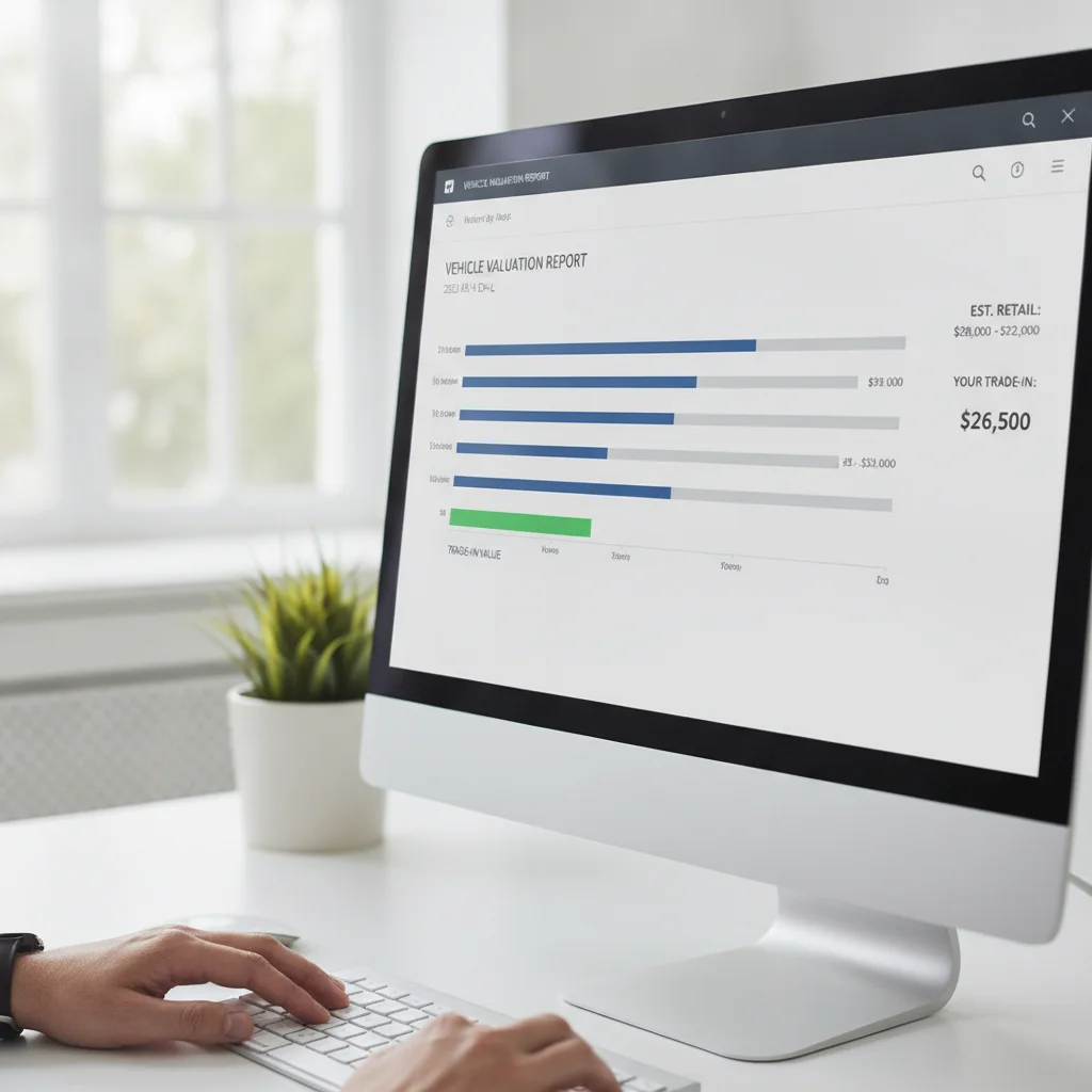 Dealer valuation software showing trade-in price range and market comparables on screen