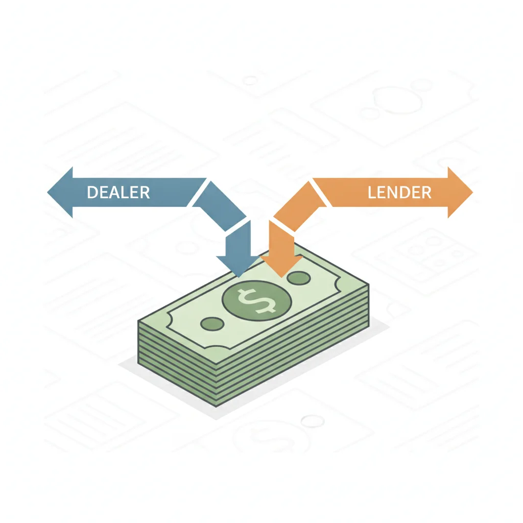 Diagram showing dealer and lender perspectives diverging from a central down payment amount