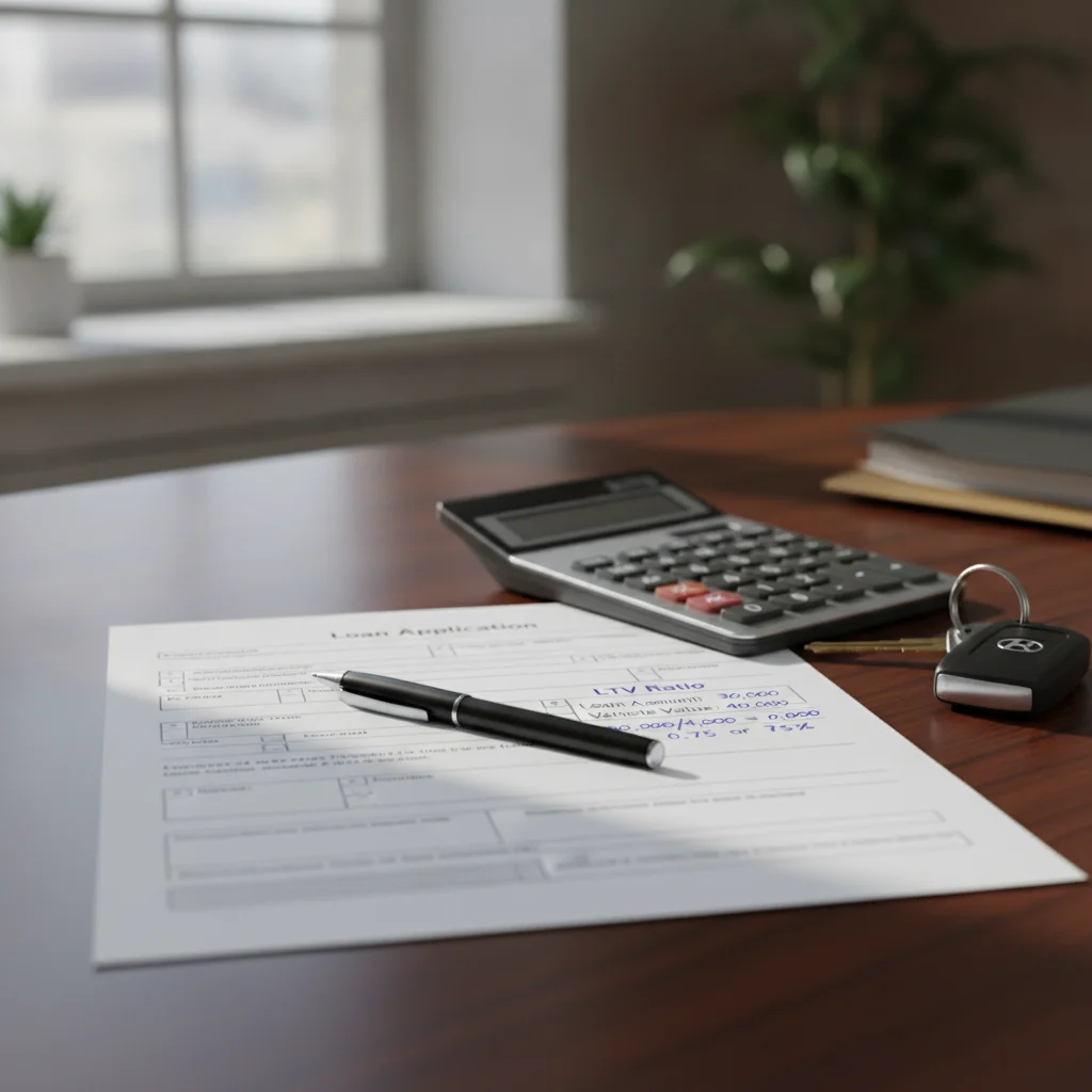Loan application with LTV ratio calculations and vehicle keys on a bank officer's desk