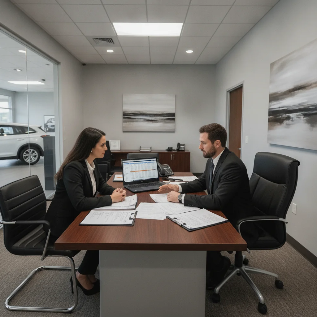 Car dealership finance office with buyer and finance manager reviewing loan paperwork together