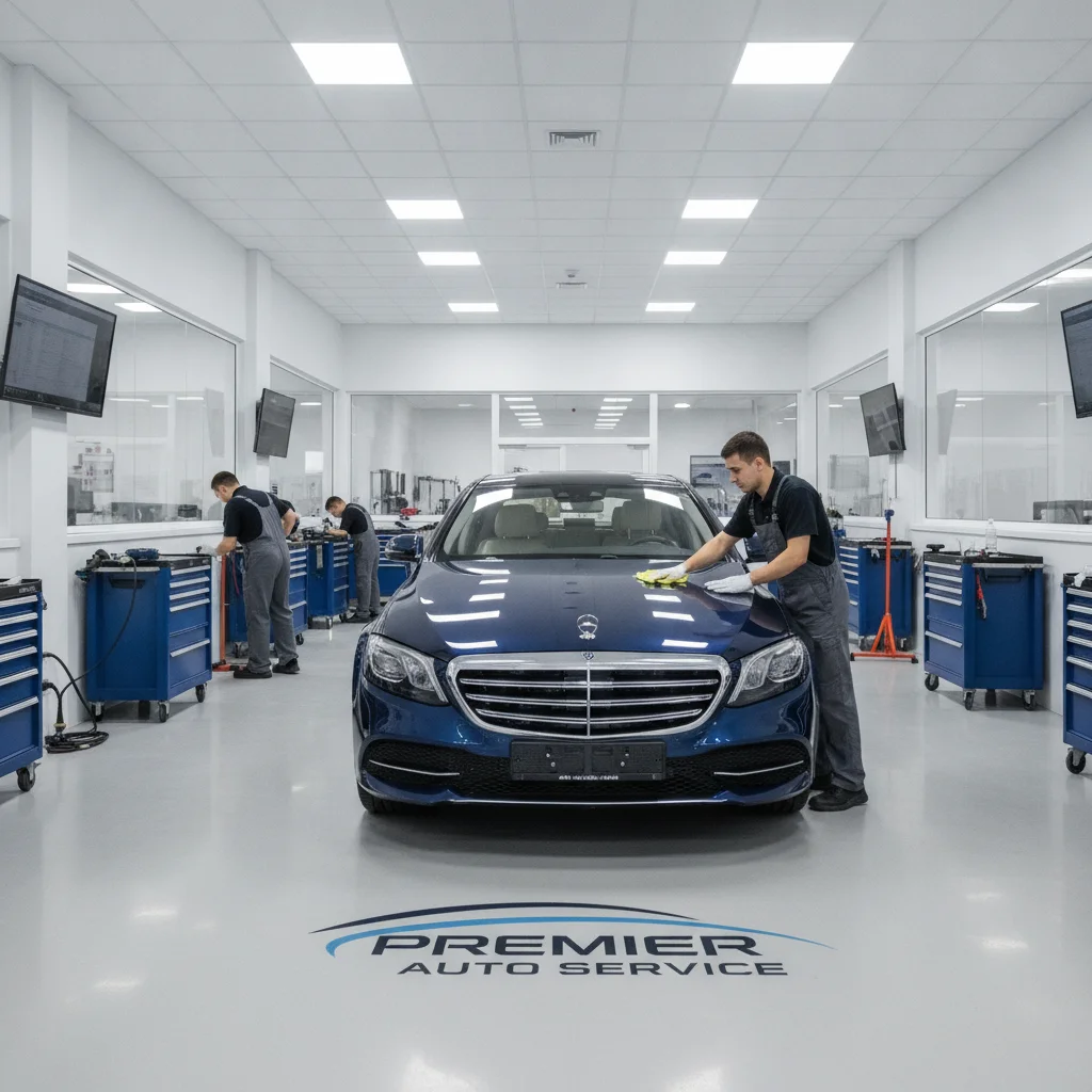 A dealership technician applying final polish to a freshly detailed car in a service bay