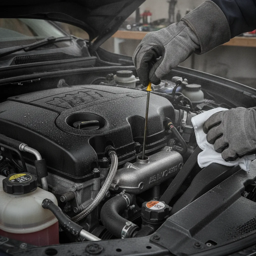 Hands checking engine oil on a cold car engine before a test drive, condensation visible