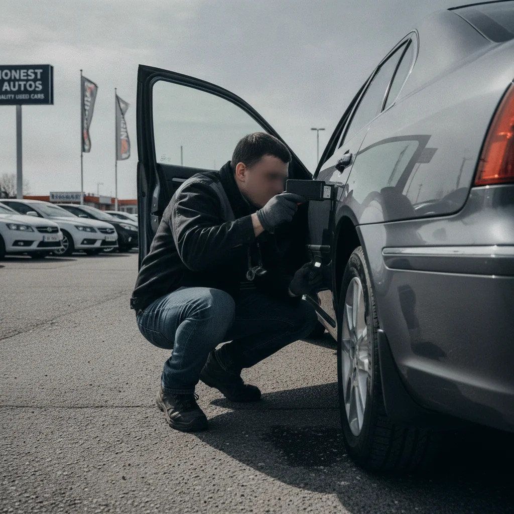 A car buyer crouching to inspect panel gaps and paint on a used car at a dealership lot