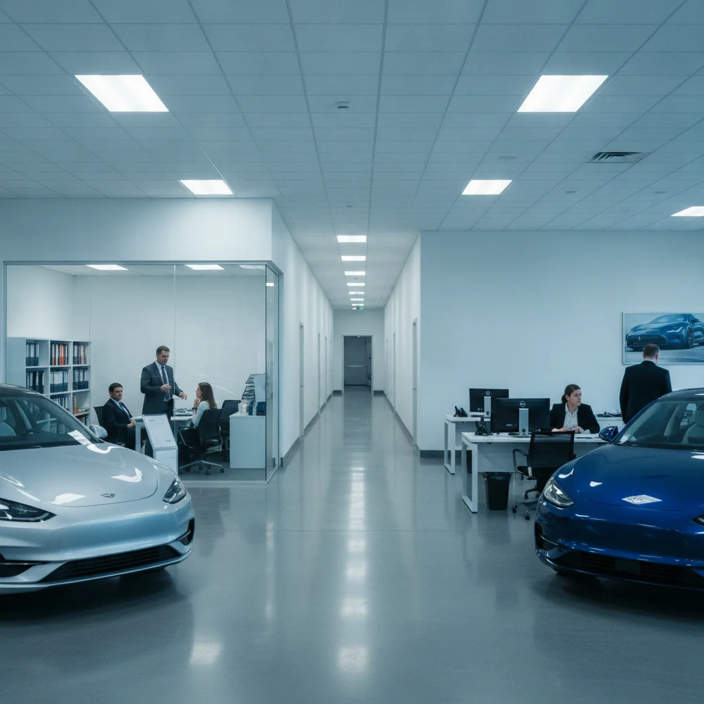 A dealership showroom leading to a glass-walled finance office at the back of the building