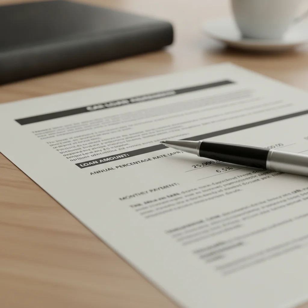 Close-up of a car financing contract document showing interest rate and loan amount fields