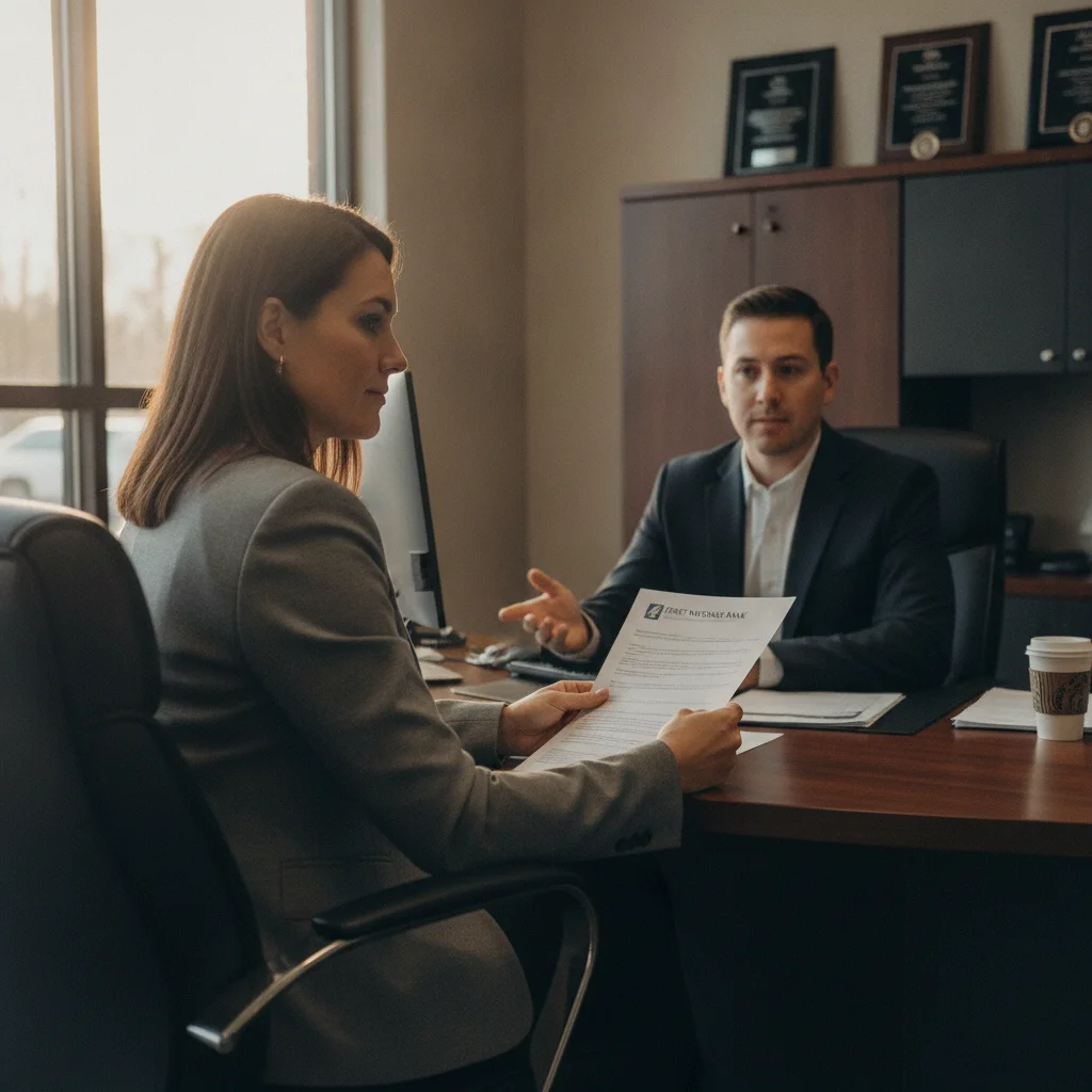 A car buyer presenting a bank pre-approval document to a dealership finance manager across a desk