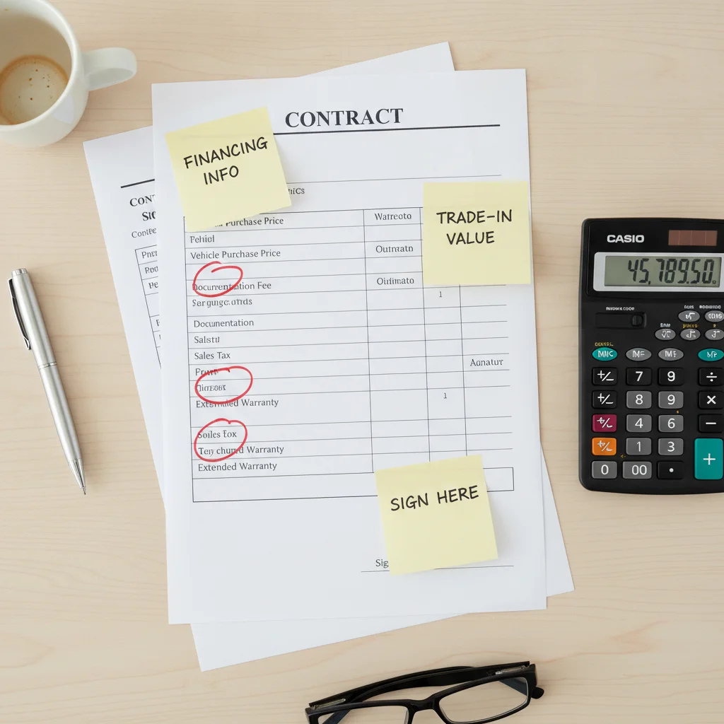 Car dealership contract with line items circled in red pen and sticky note annotations on a desk