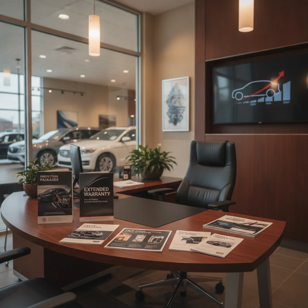 Finance and insurance office desk with extended warranty and protection plan brochures spread out