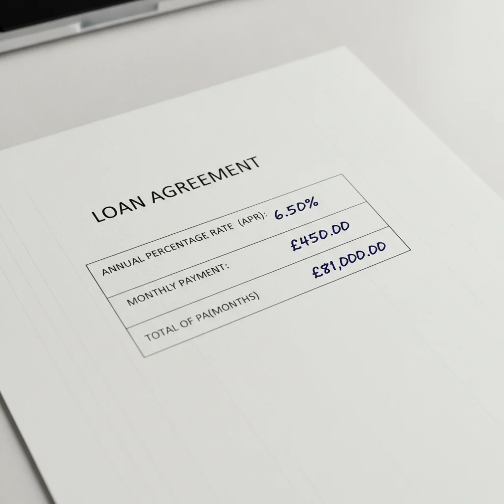 Auto loan contract showing APR rate, loan term, monthly payment, and total of payments fields