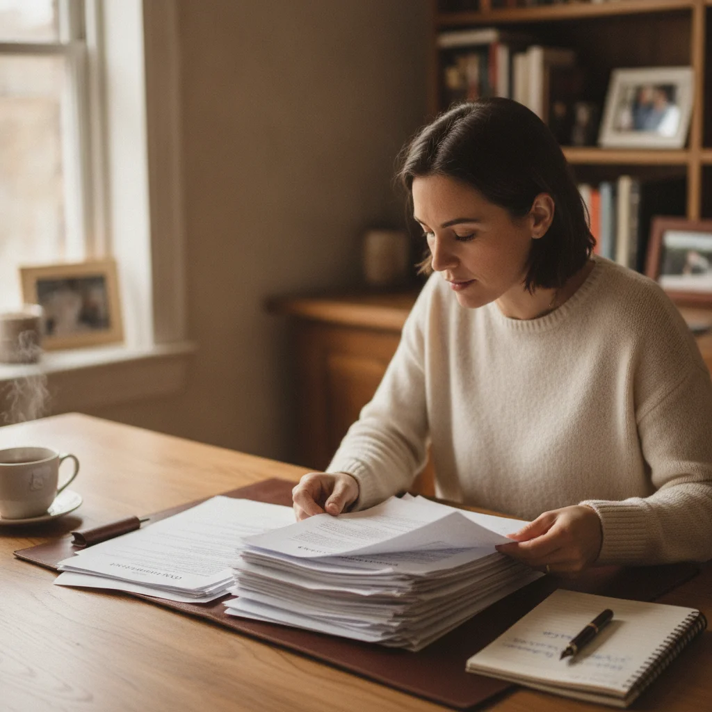 Person carefully reviewing car purchase paperwork at a desk with a notepad and pen
