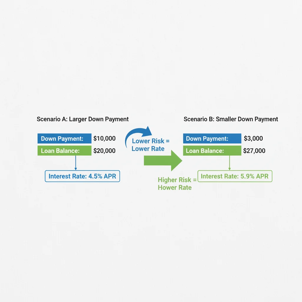 Side-by-side diagram comparing two auto loan scenarios with different down payment amounts and resulting interest rates