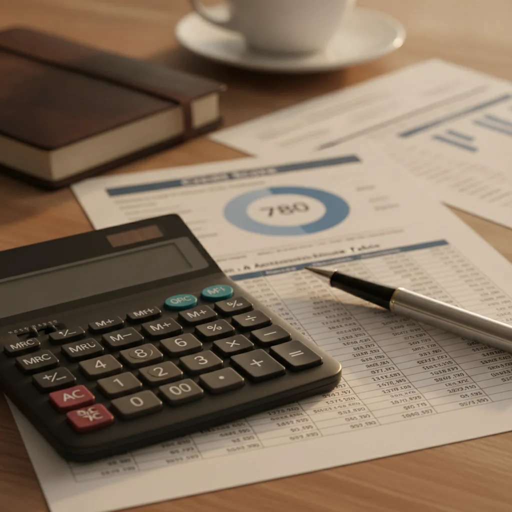 Calculator and pen on a loan amortization table with a credit score report in the background
