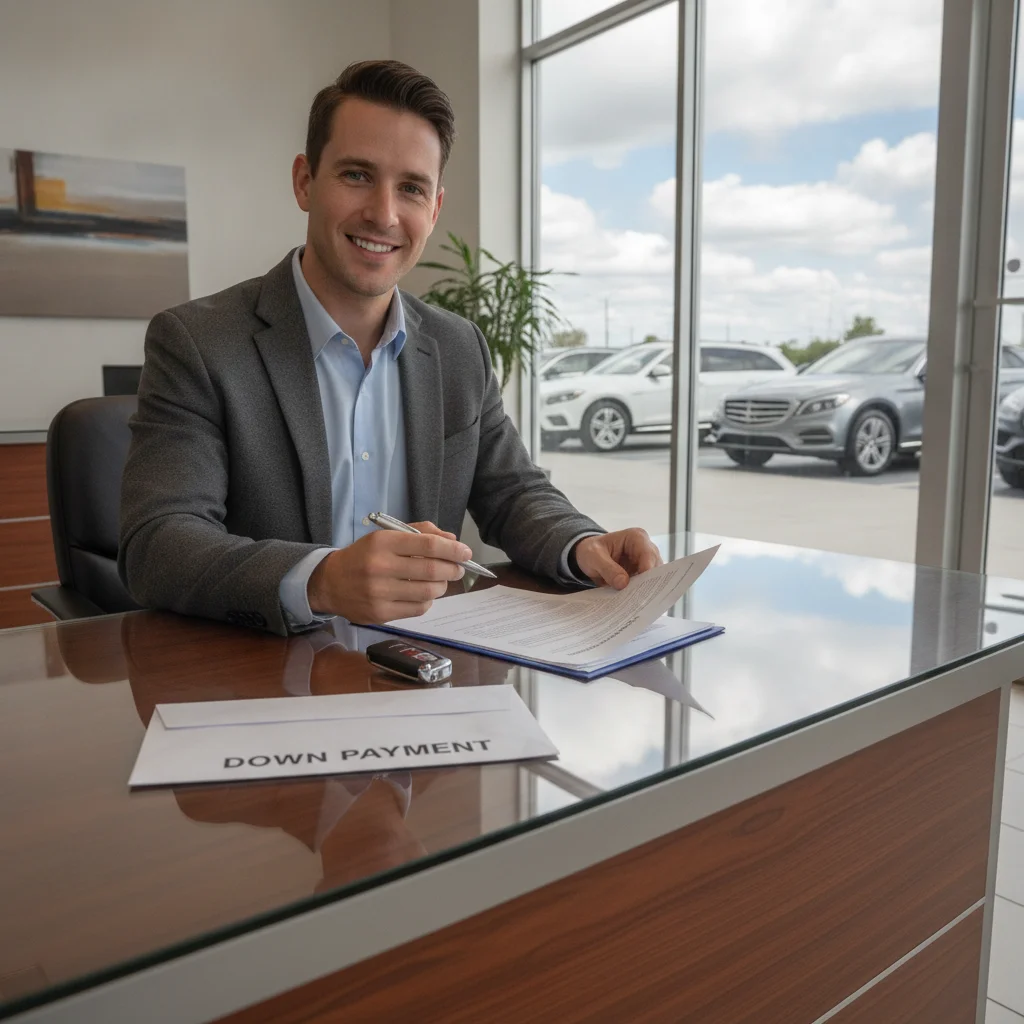 Person reviewing auto loan paperwork at a dealership desk with car keys and a cash envelope on the table