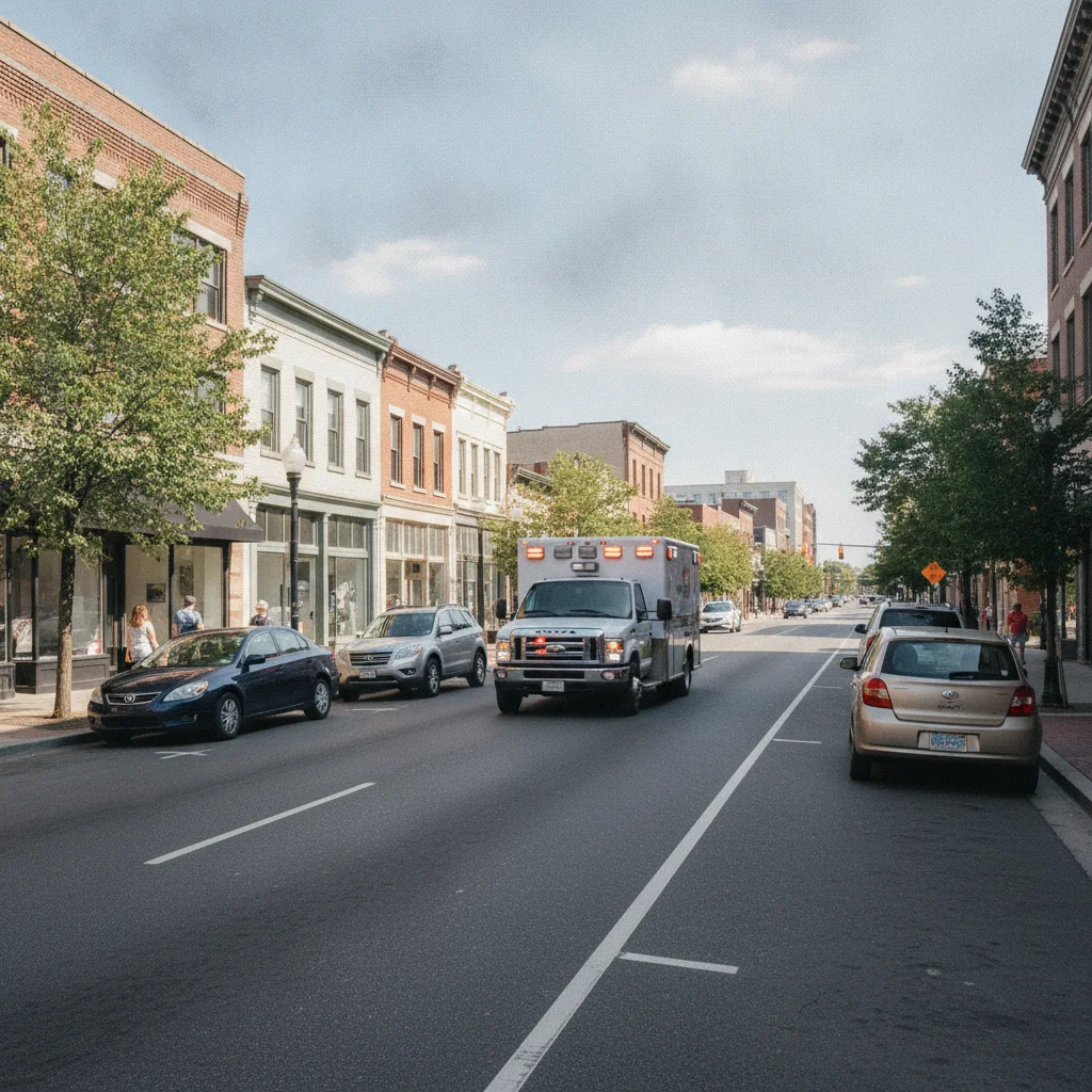 Three cars pulled neatly to the right curb as an ambulance with active lights moves through the center lane