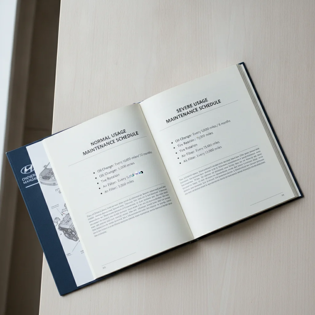 Open vehicle owner's manual showing normal and severe maintenance schedule columns on a wooden table