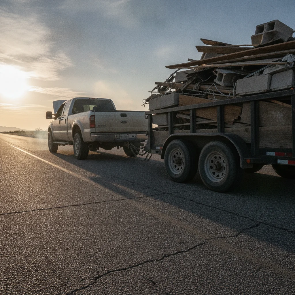 Pickup truck towing a heavy utility trailer on a hot sun-baked highway with heat shimmer visible
