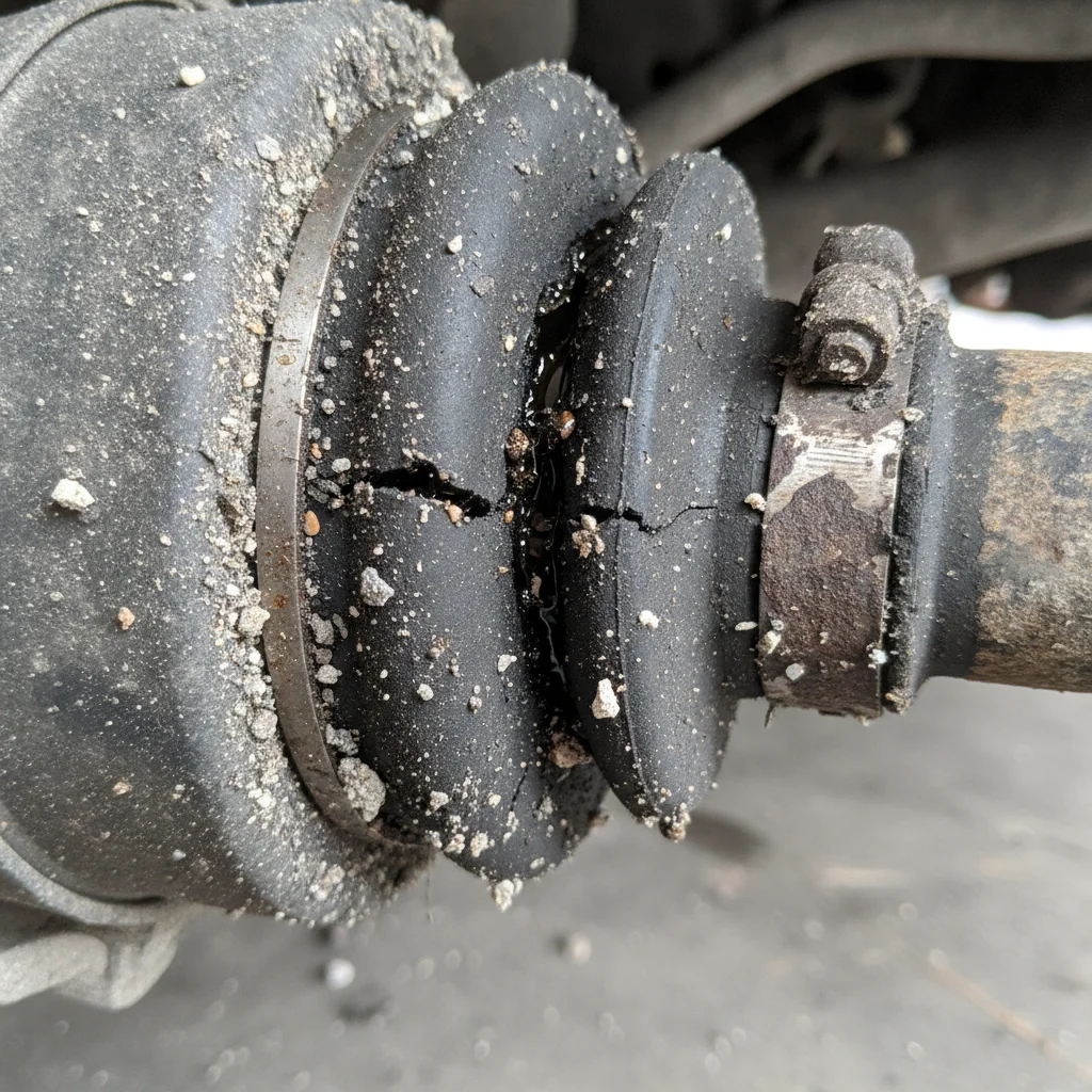 Cracked and leaking CV boot on a car undercarriage covered in road dust and gravel debris