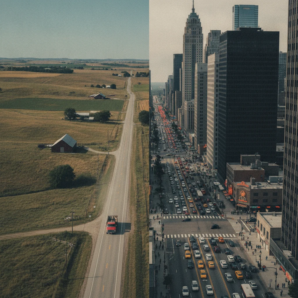 Aerial split view of rural and urban American roads illustrating geographic pricing differences for vehicles