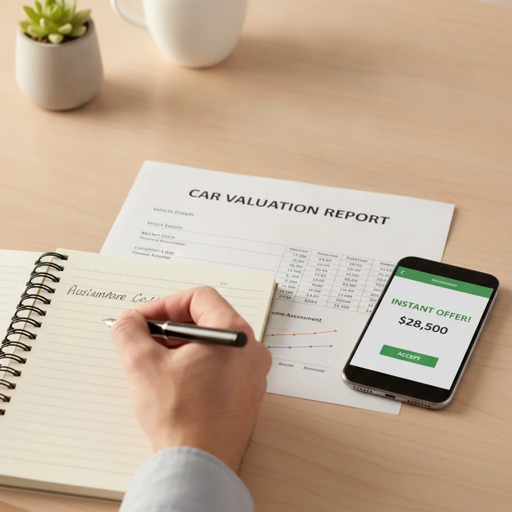 Person comparing a printed car valuation report with an instant cash offer on a smartphone