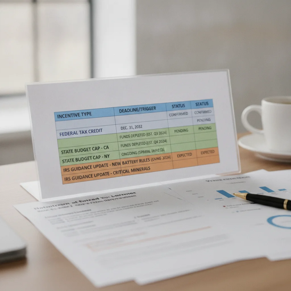 A printed chart categorizing different types of EV incentive deadlines including federal and state programs.