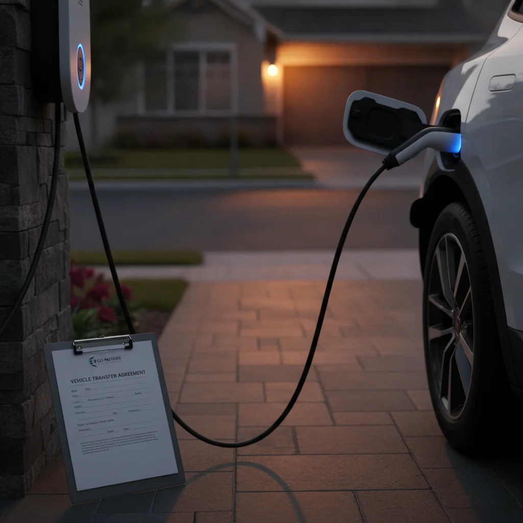An electric vehicle charging at home with a dealer credit transfer document visible on a clipboard.