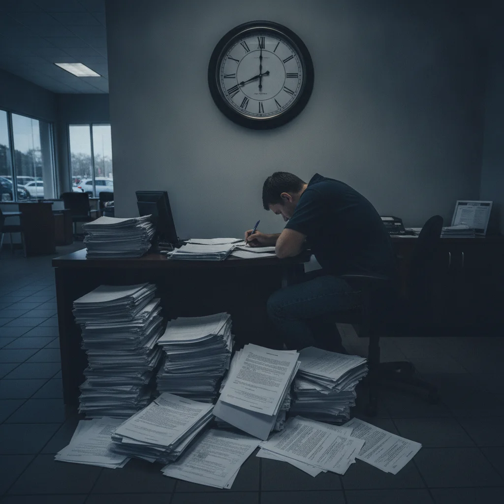 A car buyer under time pressure signing EV purchase paperwork at a dealership desk.
