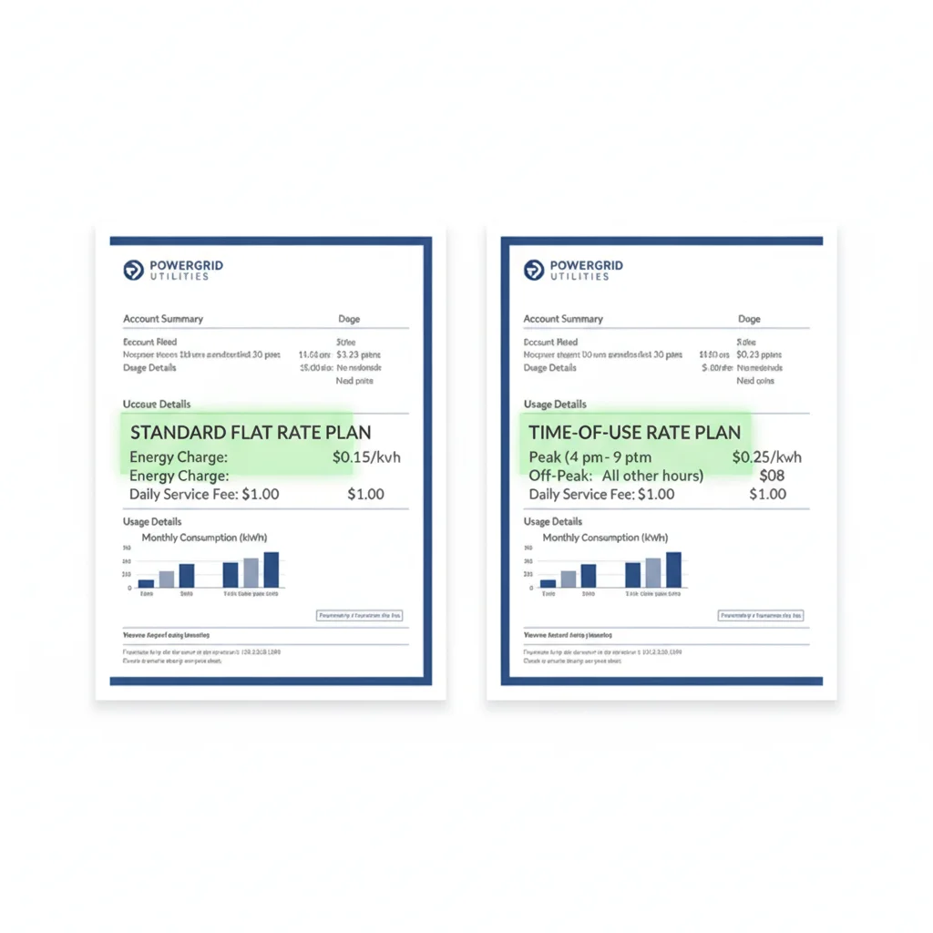 Two electricity bills side by side comparing a flat rate plan and a time-of-use rate plan
