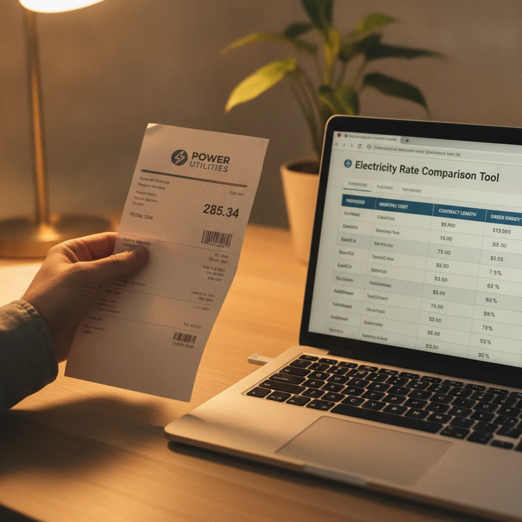 A person reviewing an electricity bill alongside an online utility rate comparison tool on a laptop
