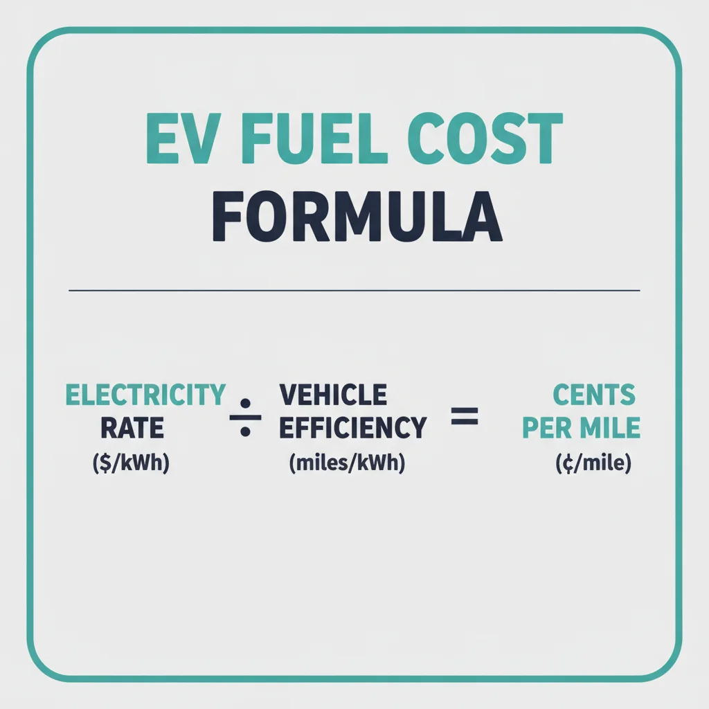 An infographic showing the formula for calculating EV per-mile fuel cost from electricity rate and vehicle efficiency