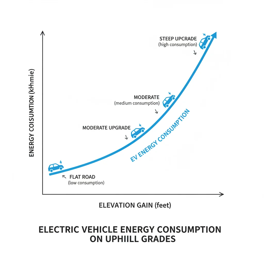 Infographic diagram showing EV energy consumption increasing on uphill grades versus flat road