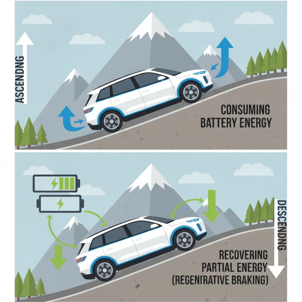 Split illustration showing EV energy consumption on ascent versus regenerative energy recovery on descent