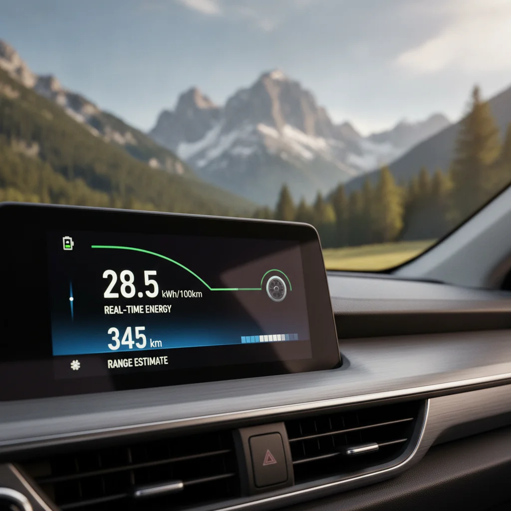 EV dashboard showing energy consumption display and range estimate with mountain terrain visible through windshield