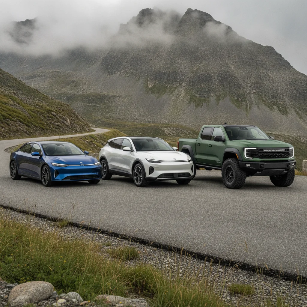 Three different size electric vehicles parked at the base of a mountain road showing size and mass comparison