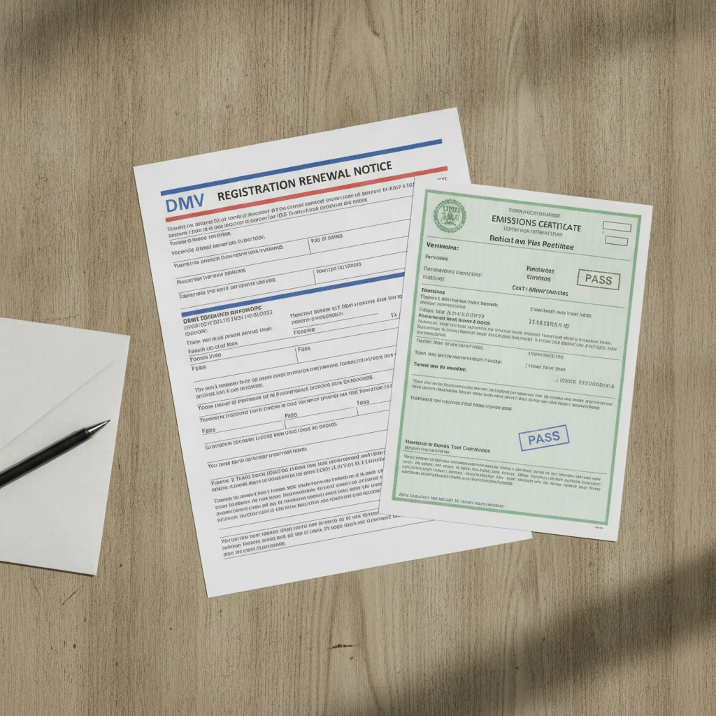 DMV registration renewal notice placed next to a vehicle emissions test certificate on a desk