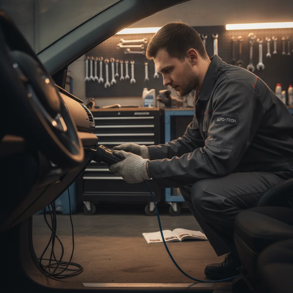 Mechanic plugging an OBD-II diagnostic scanner into the port beneath a car's dashboard