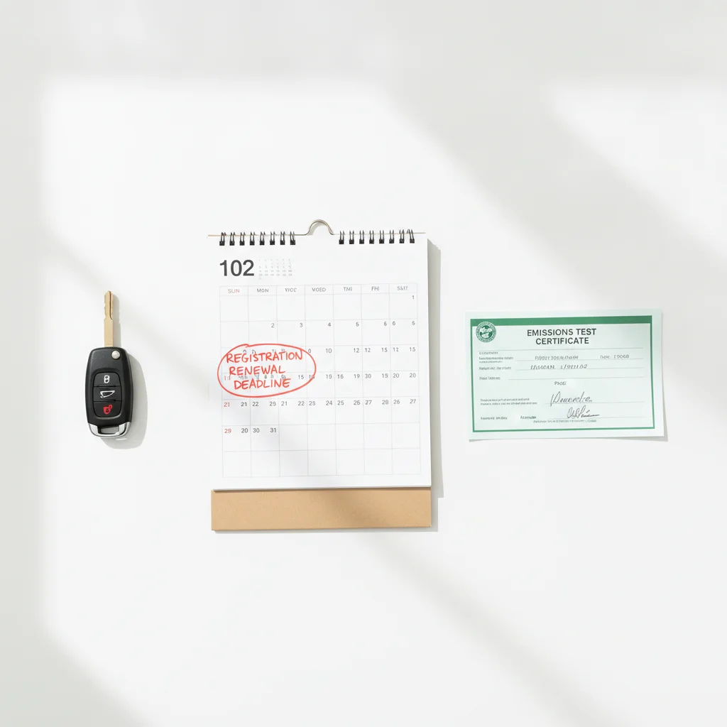 A calendar with a registration renewal deadline circled beside a car key and emissions test certificate