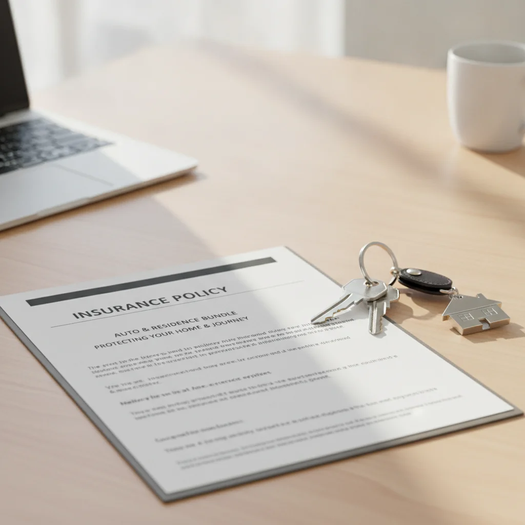 Auto insurance documents placed beside a set of house keys on a wooden desk