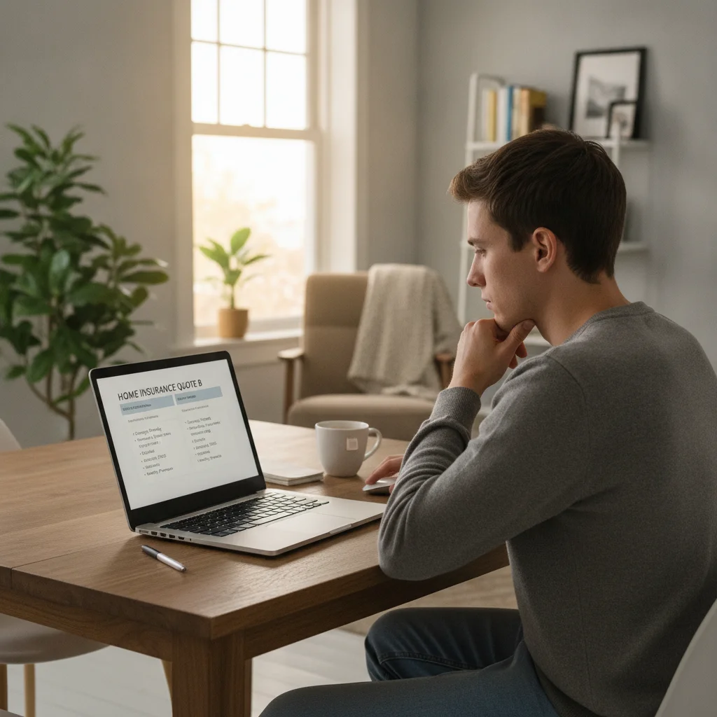 A person comparing auto insurance quotes on a laptop at home, reviewing policy options
