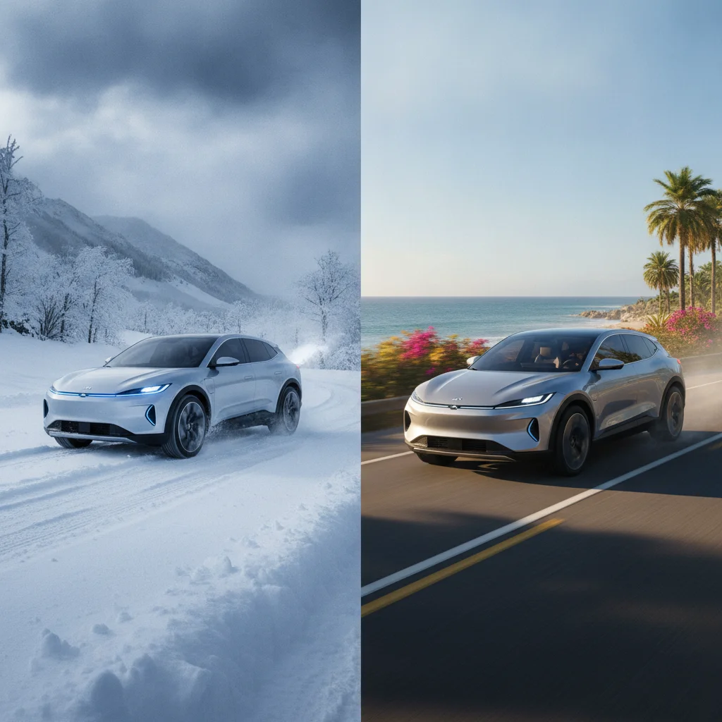 Electric vehicle shown in contrasting winter snow and summer heat conditions illustrating seasonal range impact