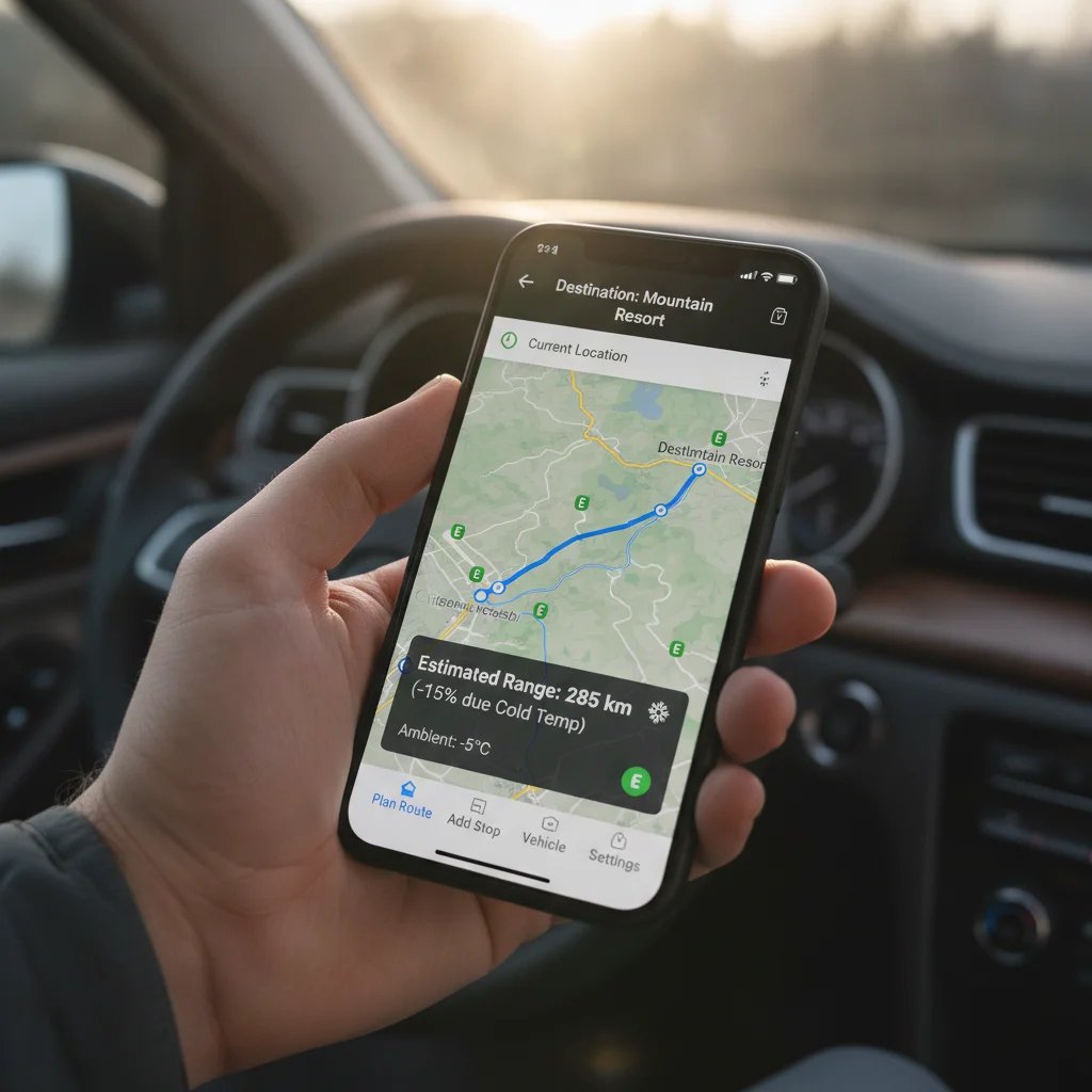 Smartphone displaying EV route planning app with range estimate adjusted for cold temperature and HVAC use