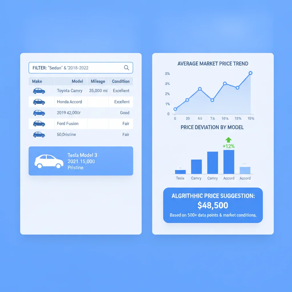Split-screen illustration of car pricing algorithm pulling wholesale auction data and retail comparisons