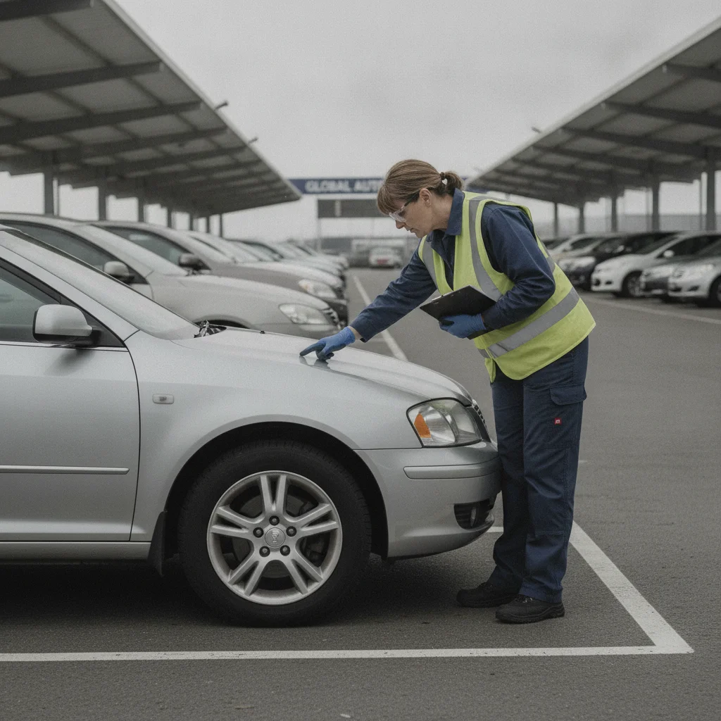 Vehicle inspector reviewing exterior condition of a used car at an instant offer platform drop-off location