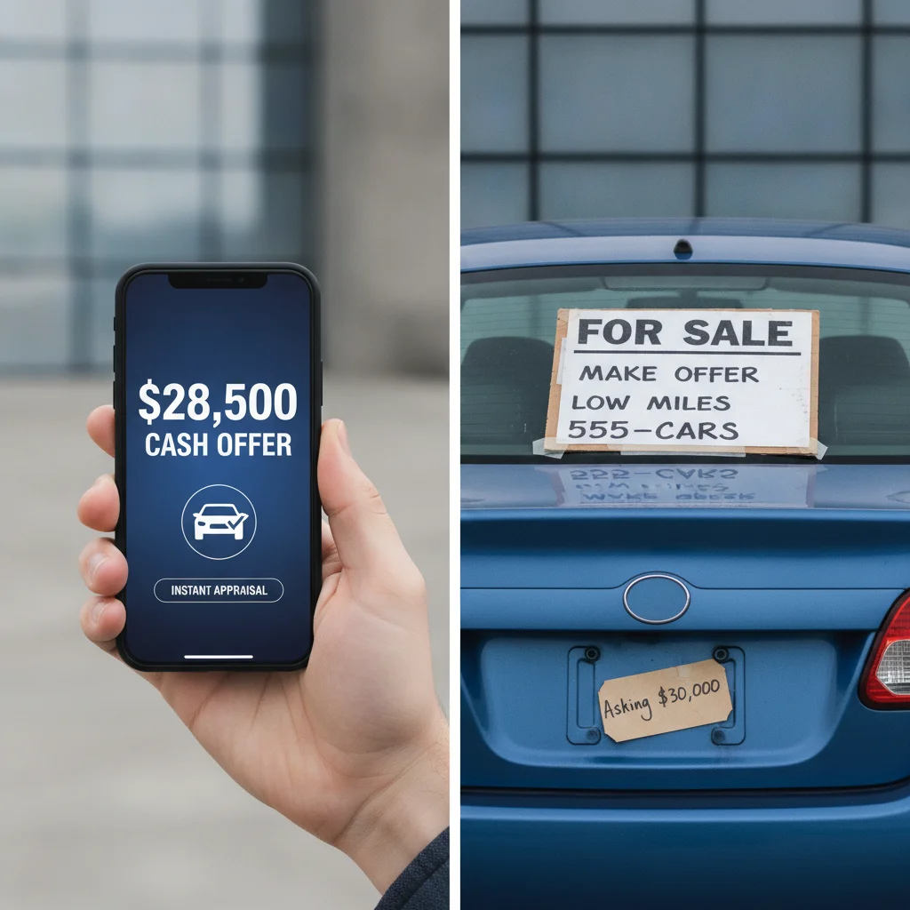 Smartphone displaying instant cash offer next to a for-sale sign on a car window showing two selling method options