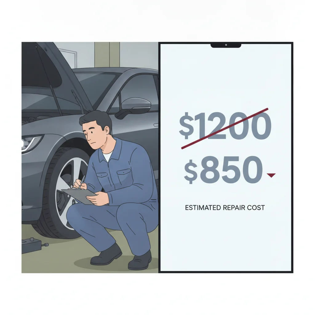 Car inspection leading to a reduced instant offer price shown on a digital screen