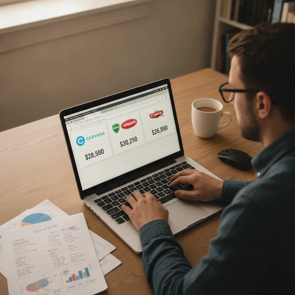 Person comparing multiple instant car offer amounts across different platforms on a laptop