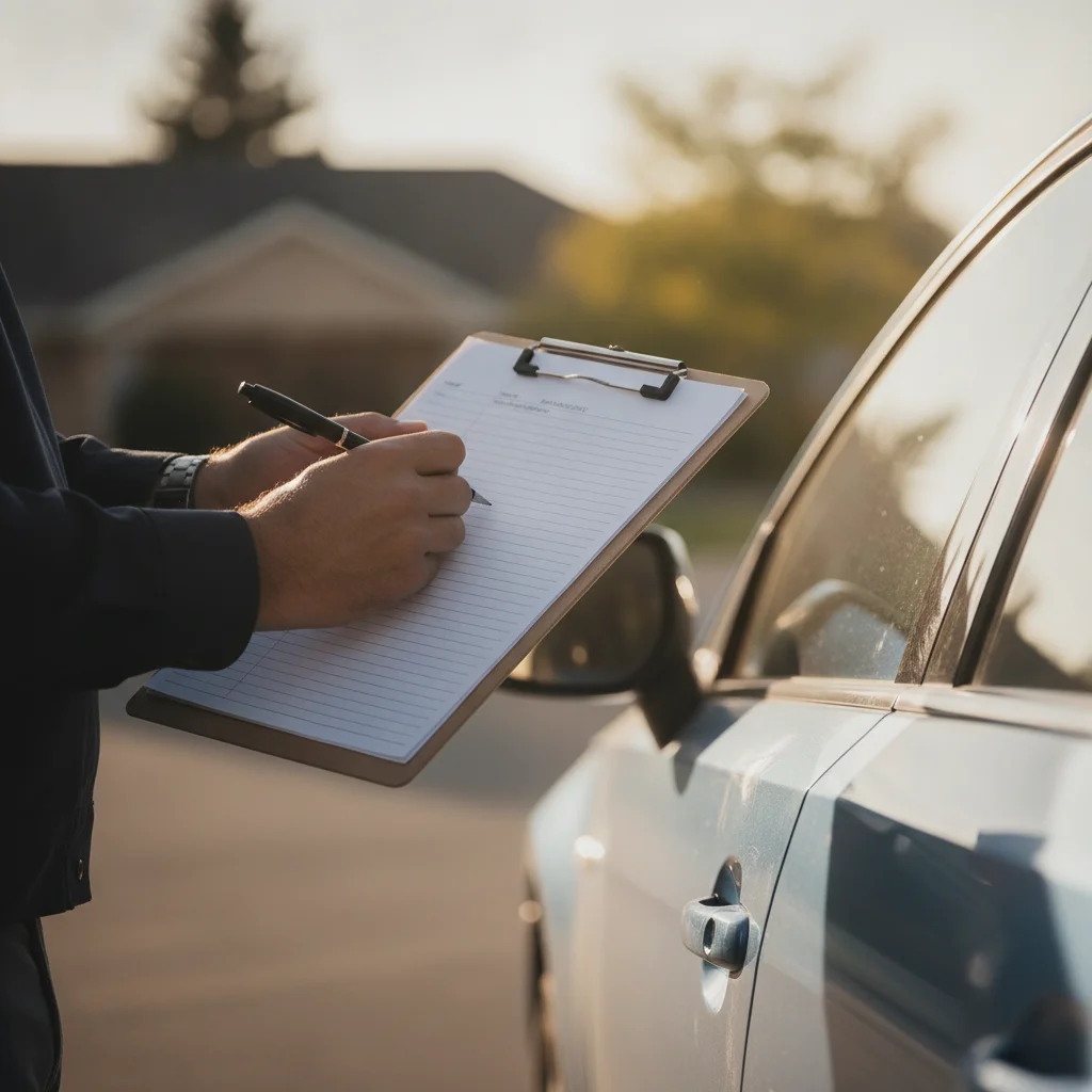 Close-up of an adjuster's clipboard notes taken next to a damaged vehicle door